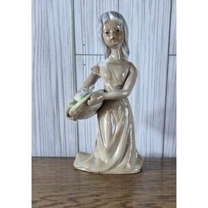 Vintage Porcelain Multicolor Figurine Unmarked Girl with Flower Basket 7" tall